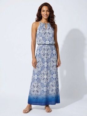London Times Blue and White Printed Halter Dress